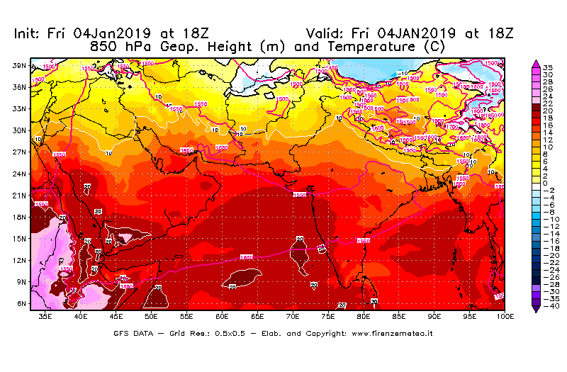 Mappa di analisi GFS - Geopotenziale [m] e Temperatura [°C] a 850 hPa in Asia Sud-Occidentale
							del 04/01/2019 18 <!--googleoff: index-->UTC<!--googleon: index-->