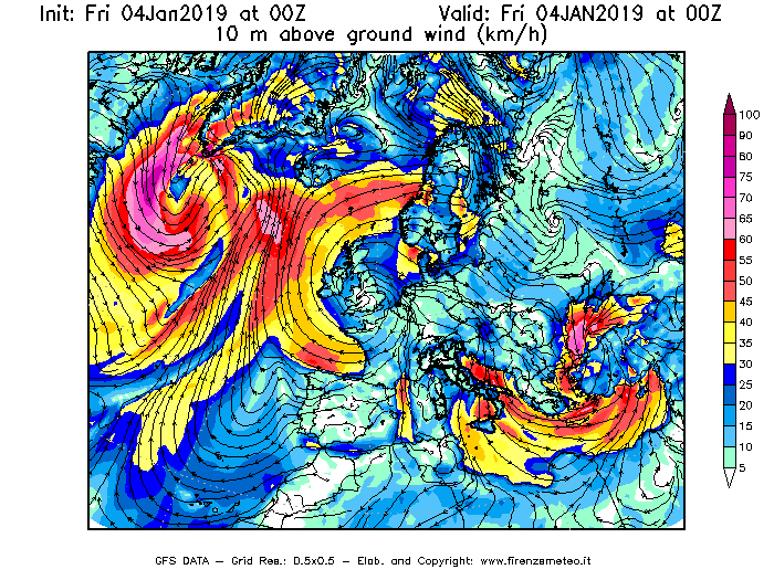 Mappa di analisi GFS - Velocità del vento a 10 metri dal suolo [km/h] in Europa
							del 04/01/2019 00 <!--googleoff: index-->UTC<!--googleon: index-->