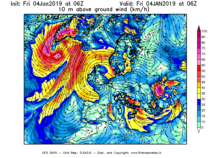 Mappa di analisi GFS - Velocità del vento a 10 metri dal suolo [km/h] in Europa
							del 04/01/2019 06 <!--googleoff: index-->UTC<!--googleon: index-->