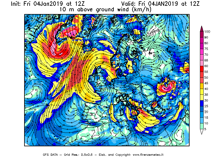 Mappa di analisi GFS - Velocità del vento a 10 metri dal suolo [km/h] in Europa
									del 04/01/2019 12 <!--googleoff: index-->UTC<!--googleon: index-->