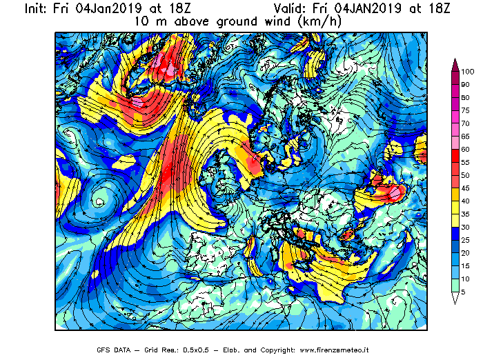 Mappa di analisi GFS - Velocità del vento a 10 metri dal suolo [km/h] in Europa
							del 04/01/2019 18 <!--googleoff: index-->UTC<!--googleon: index-->