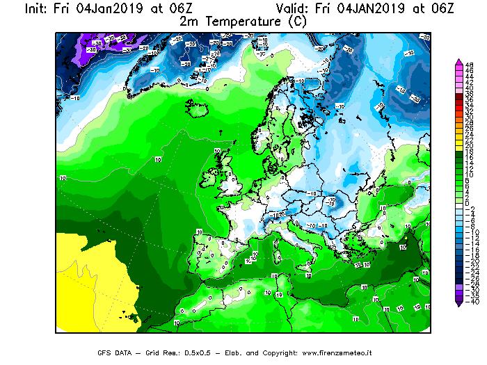 Mappa di analisi GFS - Temperatura a 2 metri dal suolo [°C] in Europa
									del 04/01/2019 06 <!--googleoff: index-->UTC<!--googleon: index-->