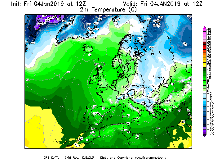 Mappa di analisi GFS - Temperatura a 2 metri dal suolo [°C] in Europa
							del 04/01/2019 12 <!--googleoff: index-->UTC<!--googleon: index-->