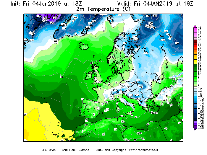 Mappa di analisi GFS - Temperatura a 2 metri dal suolo [°C] in Europa
							del 04/01/2019 18 <!--googleoff: index-->UTC<!--googleon: index-->