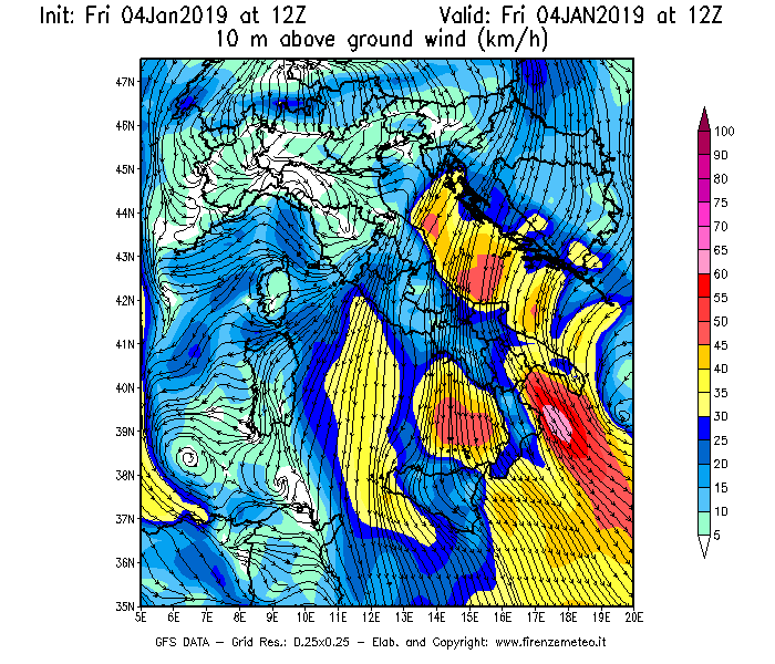 Mappa di analisi GFS - Velocità del vento a 10 metri dal suolo [km/h] in Italia
									del 04/01/2019 12 <!--googleoff: index-->UTC<!--googleon: index-->