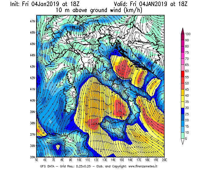 Mappa di analisi GFS - Velocità del vento a 10 metri dal suolo [km/h] in Italia
									del 04/01/2019 18 <!--googleoff: index-->UTC<!--googleon: index-->