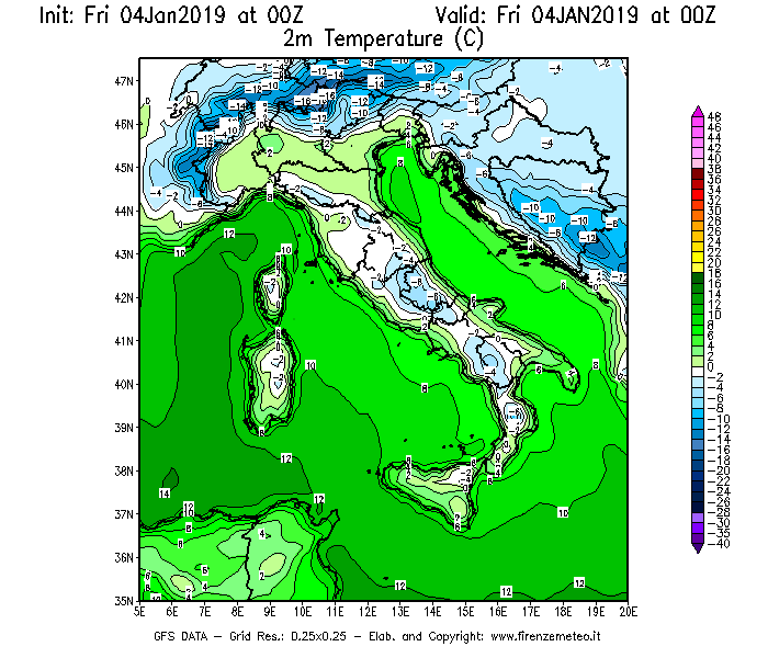 Mappa di analisi GFS - Temperatura a 2 metri dal suolo [°C] in Italia
							del 04/01/2019 00 <!--googleoff: index-->UTC<!--googleon: index-->