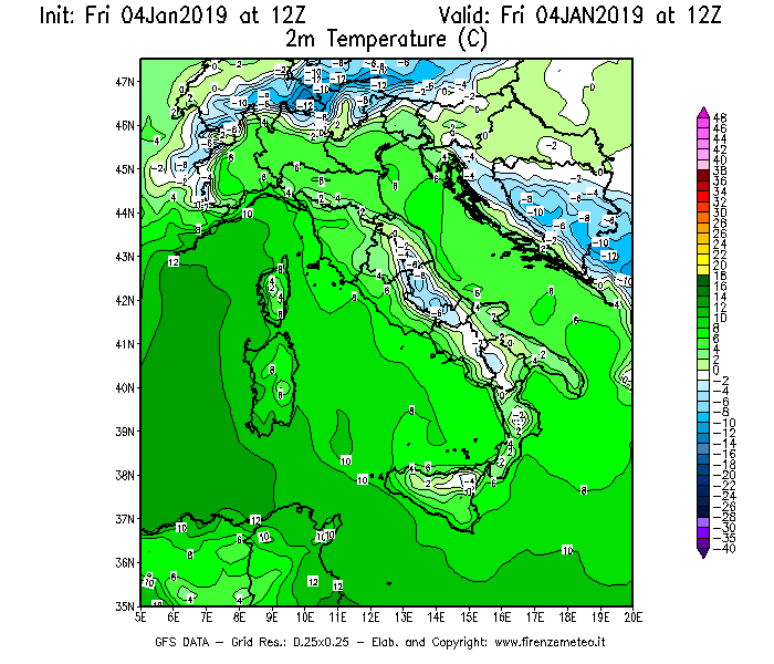 Mappa di analisi GFS - Temperatura a 2 metri dal suolo [°C] in Italia
									del 04/01/2019 12 <!--googleoff: index-->UTC<!--googleon: index-->