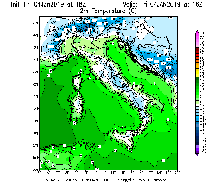 Mappa di analisi GFS - Temperatura a 2 metri dal suolo [°C] in Italia
							del 04/01/2019 18 <!--googleoff: index-->UTC<!--googleon: index-->