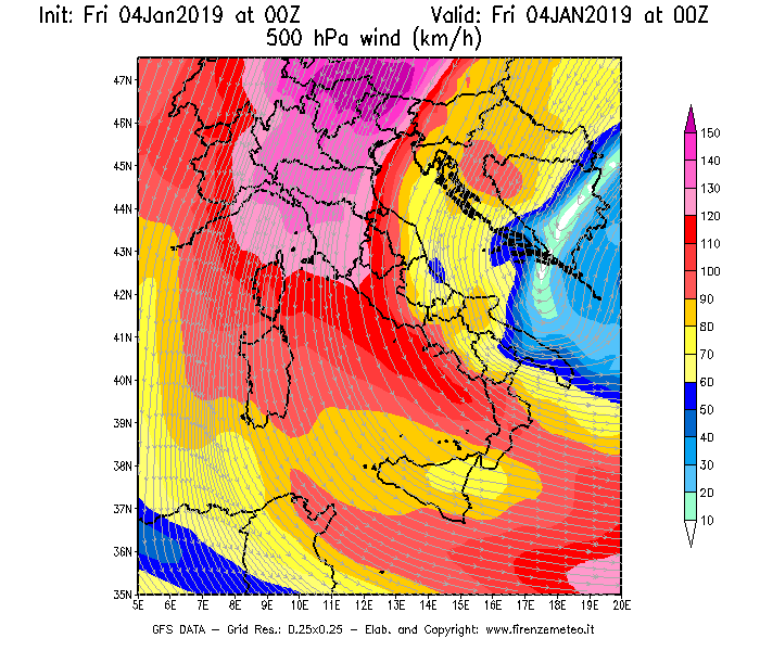 Mappa di analisi GFS - Velocità del vento a 500 hPa [km/h] in Italia
							del 04/01/2019 00 <!--googleoff: index-->UTC<!--googleon: index-->