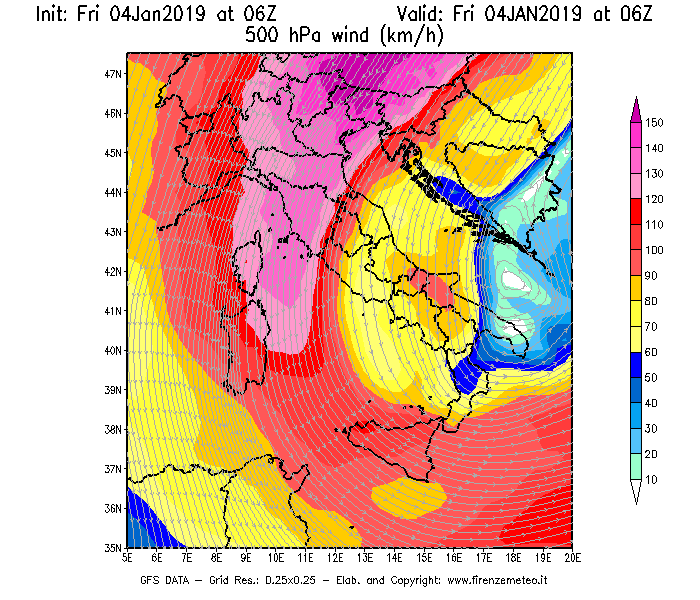 Mappa di analisi GFS - Velocità del vento a 500 hPa [km/h] in Italia
									del 04/01/2019 06 <!--googleoff: index-->UTC<!--googleon: index-->