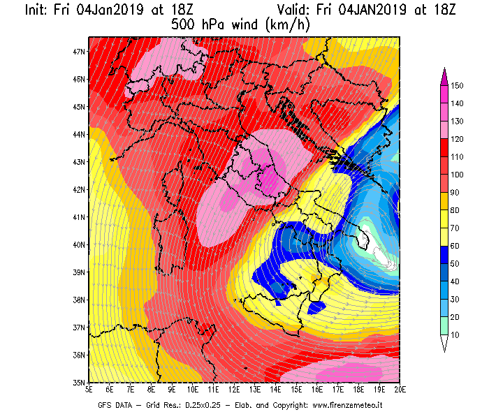 Mappa di analisi GFS - Velocità del vento a 500 hPa [km/h] in Italia
							del 04/01/2019 18 <!--googleoff: index-->UTC<!--googleon: index-->