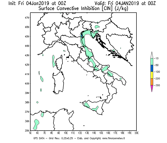 Mappa di analisi GFS - CIN [J/kg] in Italia
									del 04/01/2019 00 <!--googleoff: index-->UTC<!--googleon: index-->
