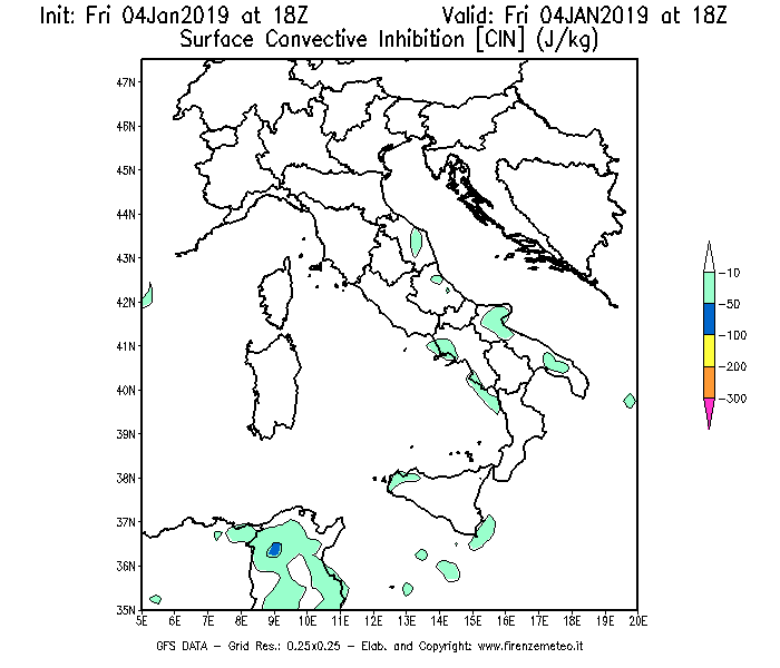 Mappa di analisi GFS - CIN [J/kg] in Italia
									del 04/01/2019 18 <!--googleoff: index-->UTC<!--googleon: index-->