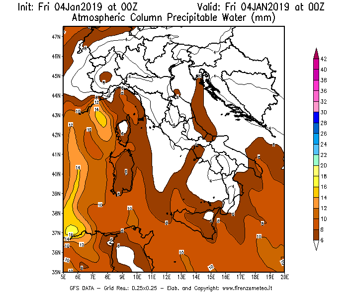 Mappa di analisi GFS - Precipitable Water [mm] in Italia
									del 04/01/2019 00 <!--googleoff: index-->UTC<!--googleon: index-->