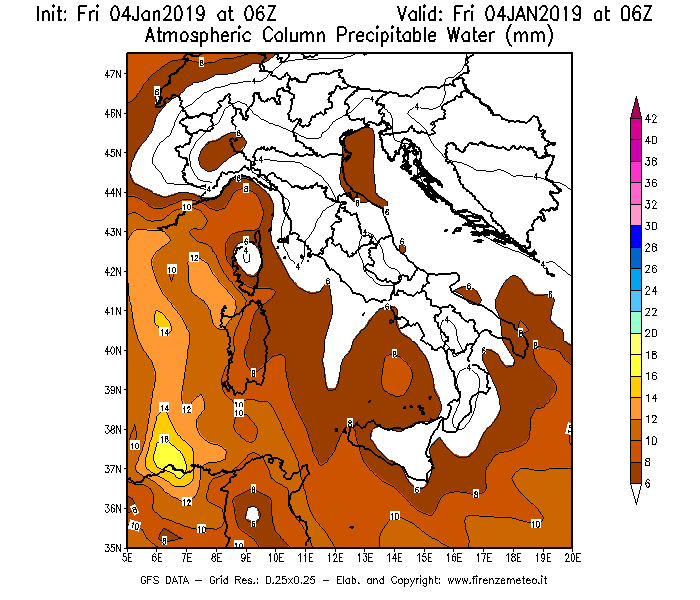 Mappa di analisi GFS - Precipitable Water [mm] in Italia
									del 04/01/2019 06 <!--googleoff: index-->UTC<!--googleon: index-->