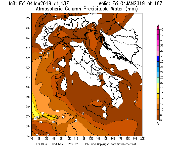 Mappa di analisi GFS - Precipitable Water [mm] in Italia
							del 04/01/2019 18 <!--googleoff: index-->UTC<!--googleon: index-->