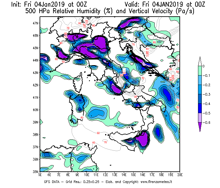 Mappa di analisi GFS - Umidità relativa [%] e Omega [Pa/s] a 500 hPa in Italia
									del 04/01/2019 00 <!--googleoff: index-->UTC<!--googleon: index-->