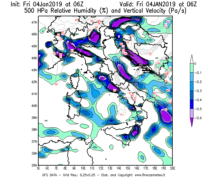 Mappa di analisi GFS - Umidità relativa [%] e Omega [Pa/s] a 500 hPa in Italia
							del 04/01/2019 06 <!--googleoff: index-->UTC<!--googleon: index-->