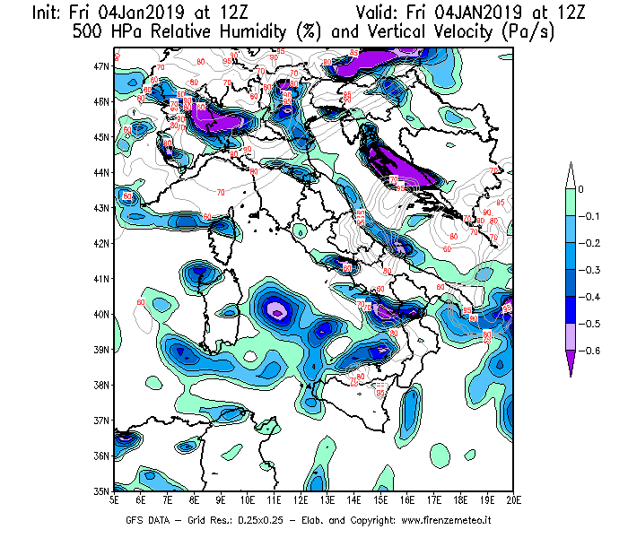 Mappa di analisi GFS - Umidità relativa [%] e Omega [Pa/s] a 500 hPa in Italia
									del 04/01/2019 12 <!--googleoff: index-->UTC<!--googleon: index-->