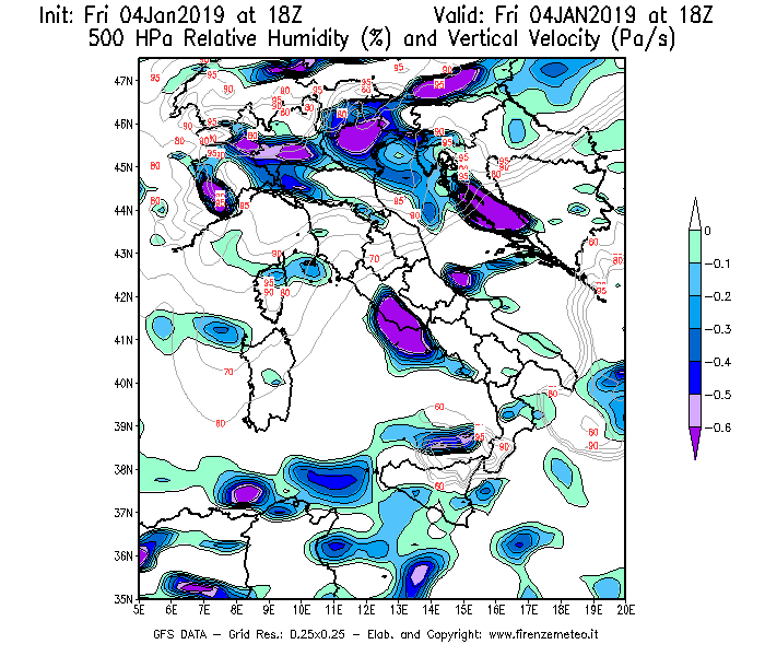 Mappa di analisi GFS - Umidità relativa [%] e Omega [Pa/s] a 500 hPa in Italia
							del 04/01/2019 18 <!--googleoff: index-->UTC<!--googleon: index-->