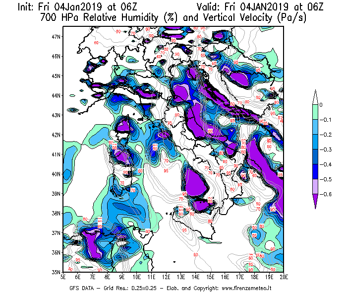 Mappa di analisi GFS - Umidità relativa [%] e Omega [Pa/s] a 700 hPa in Italia
							del 04/01/2019 06 <!--googleoff: index-->UTC<!--googleon: index-->