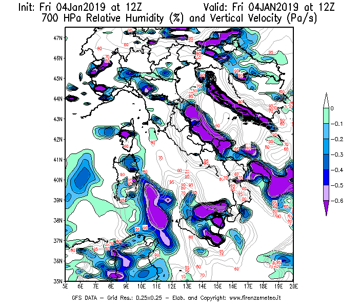 Mappa di analisi GFS - Umidità relativa [%] e Omega [Pa/s] a 700 hPa in Italia
									del 04/01/2019 12 <!--googleoff: index-->UTC<!--googleon: index-->