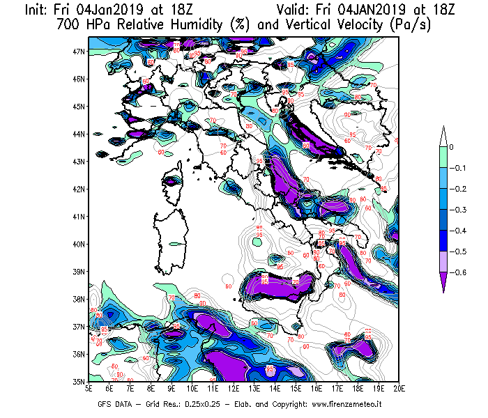 Mappa di analisi GFS - Umidità relativa [%] e Omega [Pa/s] a 700 hPa in Italia
							del 04/01/2019 18 <!--googleoff: index-->UTC<!--googleon: index-->
