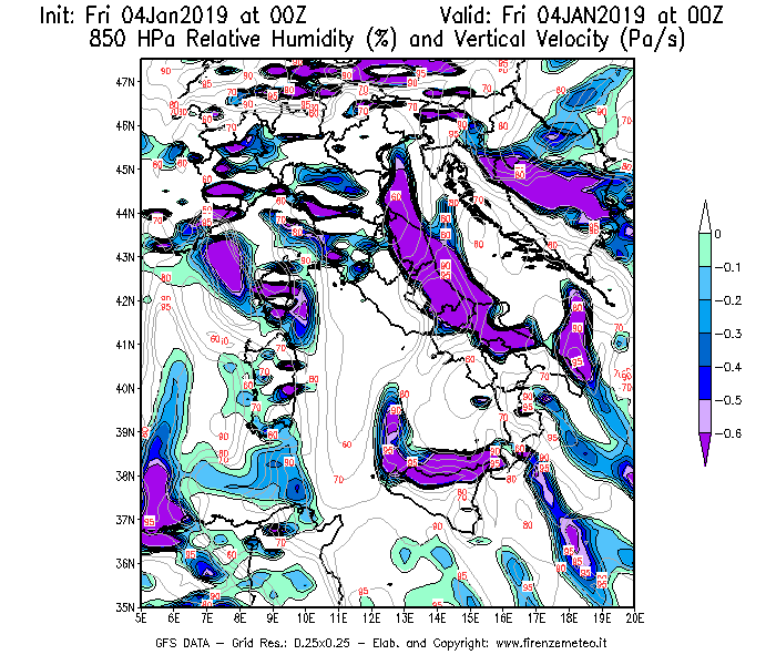 Mappa di analisi GFS - Umidità relativa [%] e Omega [Pa/s] a 850 hPa in Italia
									del 04/01/2019 00 <!--googleoff: index-->UTC<!--googleon: index-->