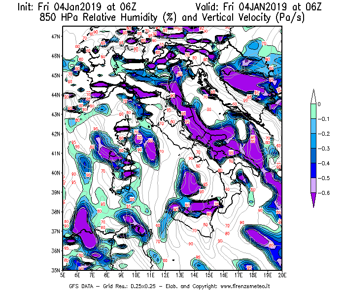 Mappa di analisi GFS - Umidità relativa [%] e Omega [Pa/s] a 850 hPa in Italia
							del 04/01/2019 06 <!--googleoff: index-->UTC<!--googleon: index-->
