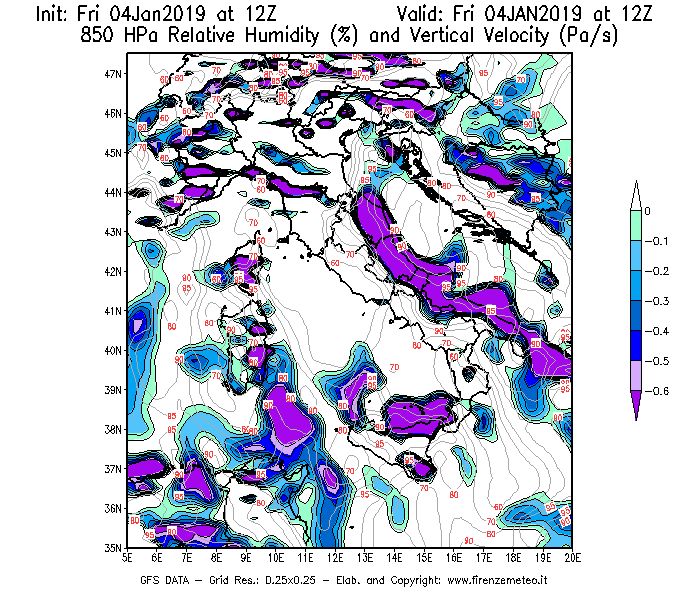 Mappa di analisi GFS - Umidità relativa [%] e Omega [Pa/s] a 850 hPa in Italia
									del 04/01/2019 12 <!--googleoff: index-->UTC<!--googleon: index-->