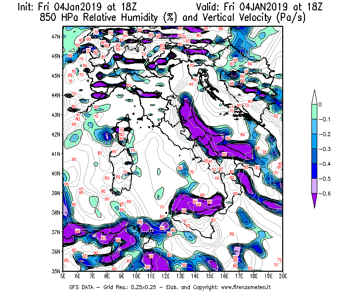 Mappa di analisi GFS - Umidità relativa [%] e Omega [Pa/s] a 850 hPa in Italia
							del 04/01/2019 18 <!--googleoff: index-->UTC<!--googleon: index-->