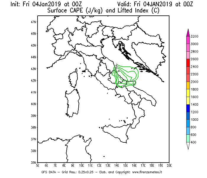 Mappa di analisi GFS - CAPE [J/kg] e Lifted Index [°C] in Italia
									del 04/01/2019 00 <!--googleoff: index-->UTC<!--googleon: index-->