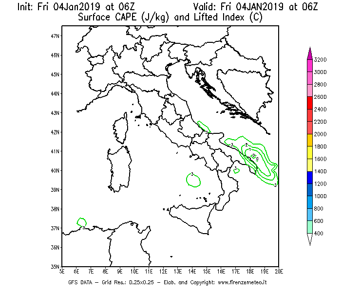Mappa di analisi GFS - CAPE [J/kg] e Lifted Index [°C] in Italia
							del 04/01/2019 06 <!--googleoff: index-->UTC<!--googleon: index-->