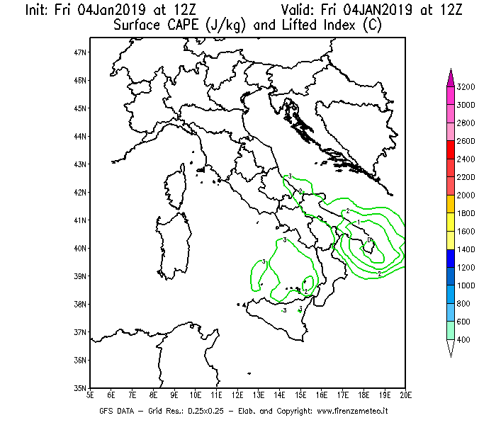 Mappa di analisi GFS - CAPE [J/kg] e Lifted Index [°C] in Italia
									del 04/01/2019 12 <!--googleoff: index-->UTC<!--googleon: index-->