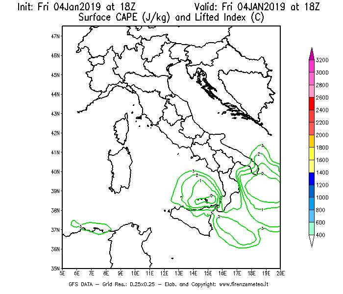 Mappa di analisi GFS - CAPE [J/kg] e Lifted Index [°C] in Italia
									del 04/01/2019 18 <!--googleoff: index-->UTC<!--googleon: index-->