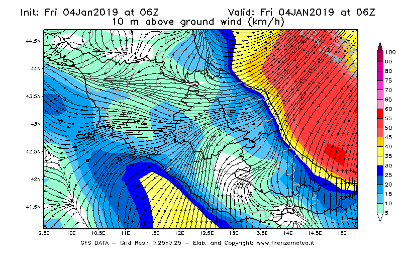 Mappa di analisi GFS - Velocità del vento a 10 metri dal suolo [km/h] in Centro-Italia
									del 04/01/2019 06 <!--googleoff: index-->UTC<!--googleon: index-->