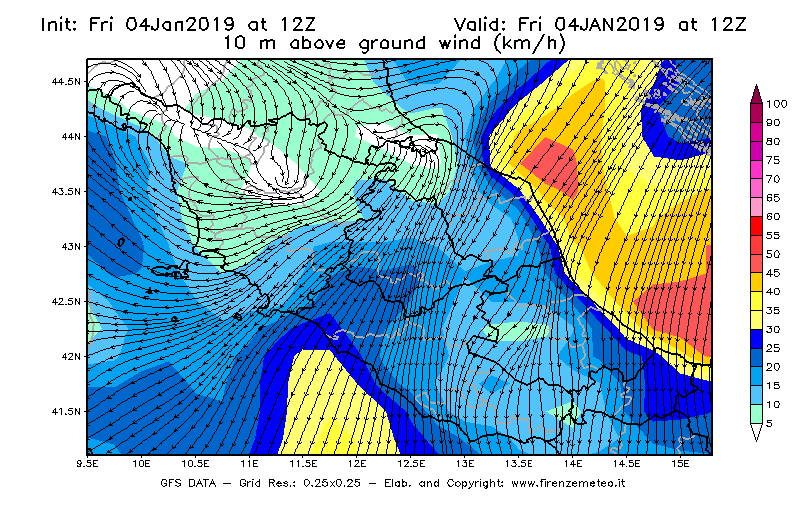 Mappa di analisi GFS - Velocità del vento a 10 metri dal suolo [km/h] in Centro-Italia
									del 04/01/2019 12 <!--googleoff: index-->UTC<!--googleon: index-->