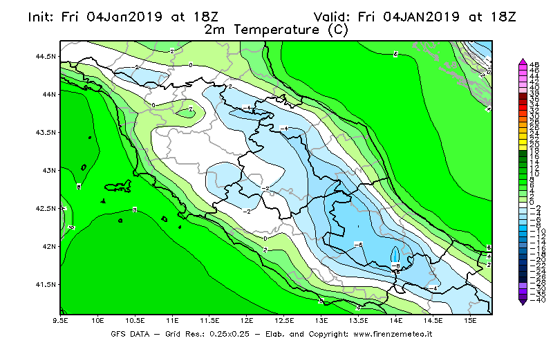 Mappa di analisi GFS - Temperatura a 2 metri dal suolo [°C] in Centro-Italia
							del 04/01/2019 18 <!--googleoff: index-->UTC<!--googleon: index-->