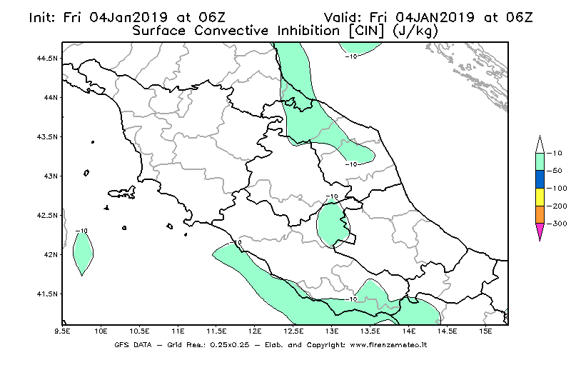 Mappa di analisi GFS - CIN [J/kg] in Centro-Italia
							del 04/01/2019 06 <!--googleoff: index-->UTC<!--googleon: index-->