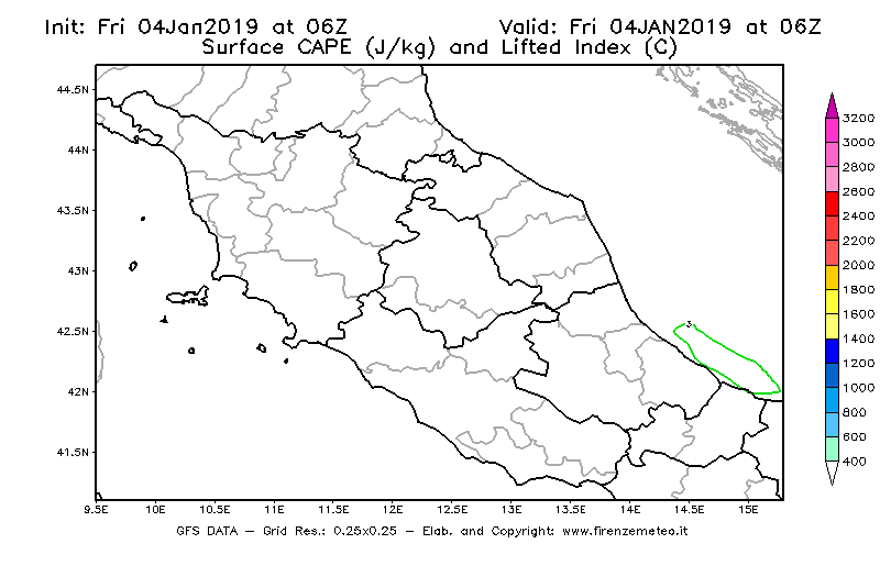 Mappa di analisi GFS - CAPE [J/kg] e Lifted Index [°C] in Centro-Italia
							del 04/01/2019 06 <!--googleoff: index-->UTC<!--googleon: index-->