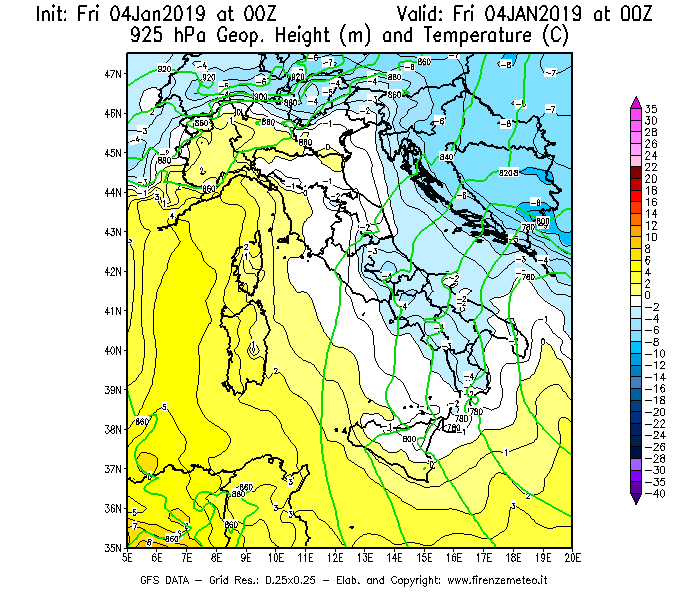 Mappa di analisi GFS - Geopotenziale [m] e Temperatura [°C] a 925 hPa in Italia
									del 04/01/2019 00 <!--googleoff: index-->UTC<!--googleon: index-->