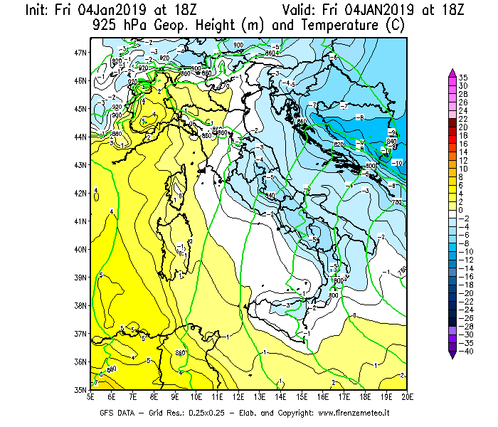 Mappa di analisi GFS - Geopotenziale [m] e Temperatura [°C] a 925 hPa in Italia
									del 04/01/2019 18 <!--googleoff: index-->UTC<!--googleon: index-->