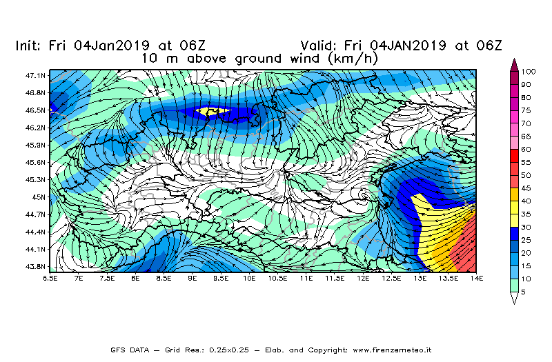 Mappa di analisi GFS - Velocità del vento a 10 metri dal suolo [km/h] in Nord-Italia
									del 04/01/2019 06 <!--googleoff: index-->UTC<!--googleon: index-->