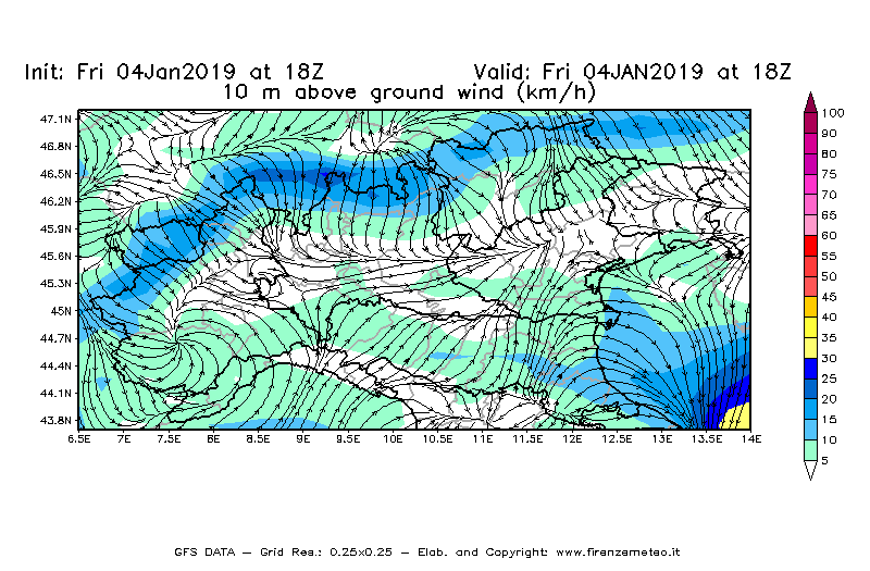 Mappa di analisi GFS - Velocità del vento a 10 metri dal suolo [km/h] in Nord-Italia
							del 04/01/2019 18 <!--googleoff: index-->UTC<!--googleon: index-->