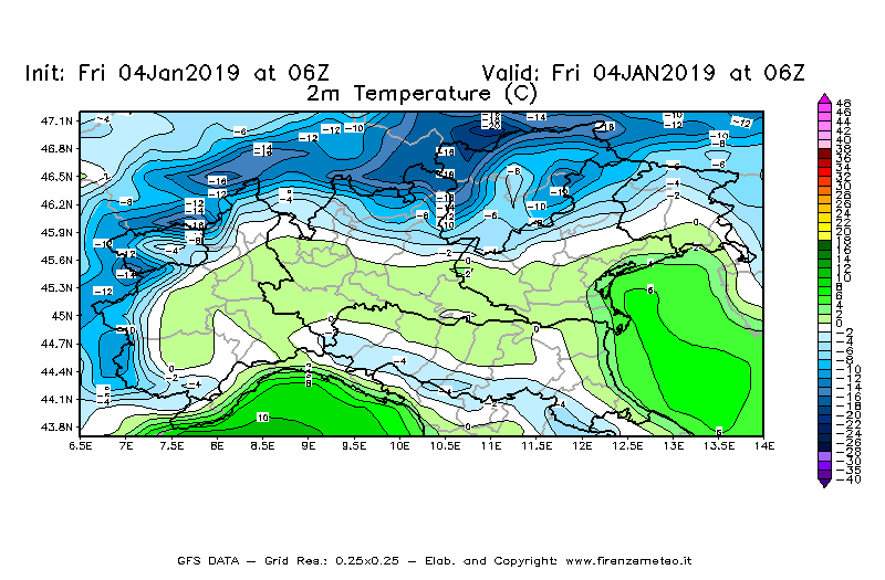 Mappa di analisi GFS - Temperatura a 2 metri dal suolo [°C] in Nord-Italia
									del 04/01/2019 06 <!--googleoff: index-->UTC<!--googleon: index-->