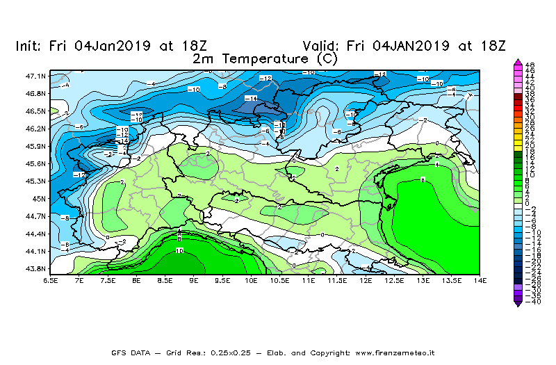 Mappa di analisi GFS - Temperatura a 2 metri dal suolo [°C] in Nord-Italia
									del 04/01/2019 18 <!--googleoff: index-->UTC<!--googleon: index-->