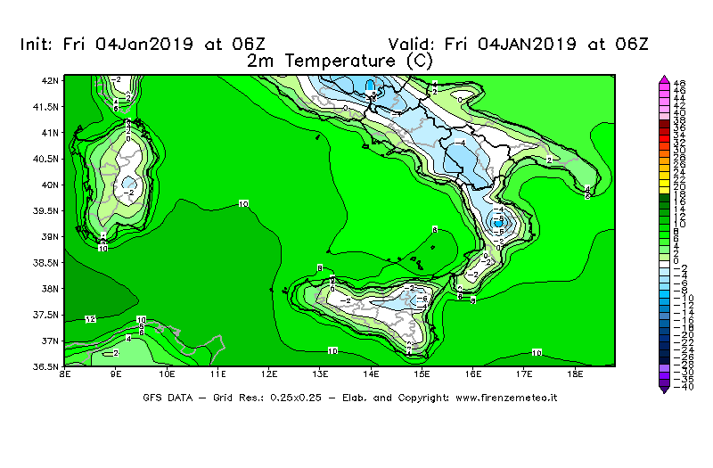 Mappa di analisi GFS - Temperatura a 2 metri dal suolo [°C] in Sud-Italia
									del 04/01/2019 06 <!--googleoff: index-->UTC<!--googleon: index-->
