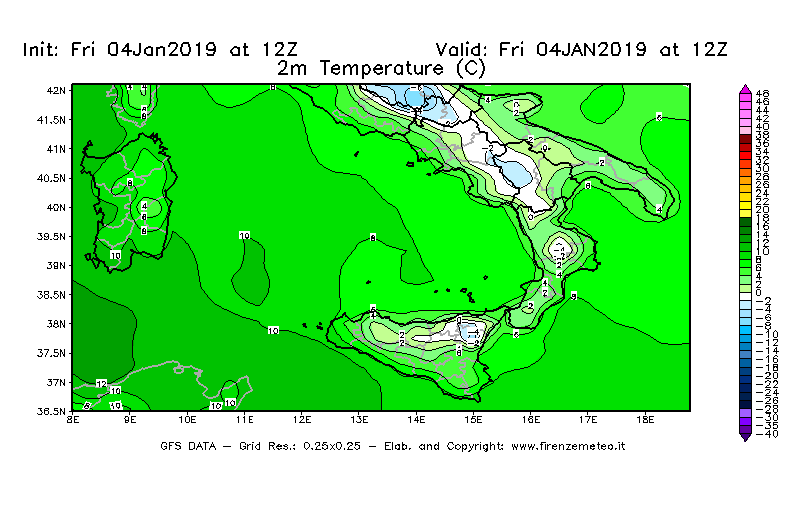 Mappa di analisi GFS - Temperatura a 2 metri dal suolo [°C] in Sud-Italia
							del 04/01/2019 12 <!--googleoff: index-->UTC<!--googleon: index-->
