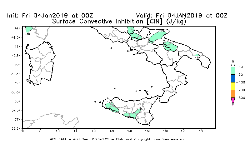 Mappa di analisi GFS - CIN [J/kg] in Sud-Italia
									del 04/01/2019 00 <!--googleoff: index-->UTC<!--googleon: index-->
